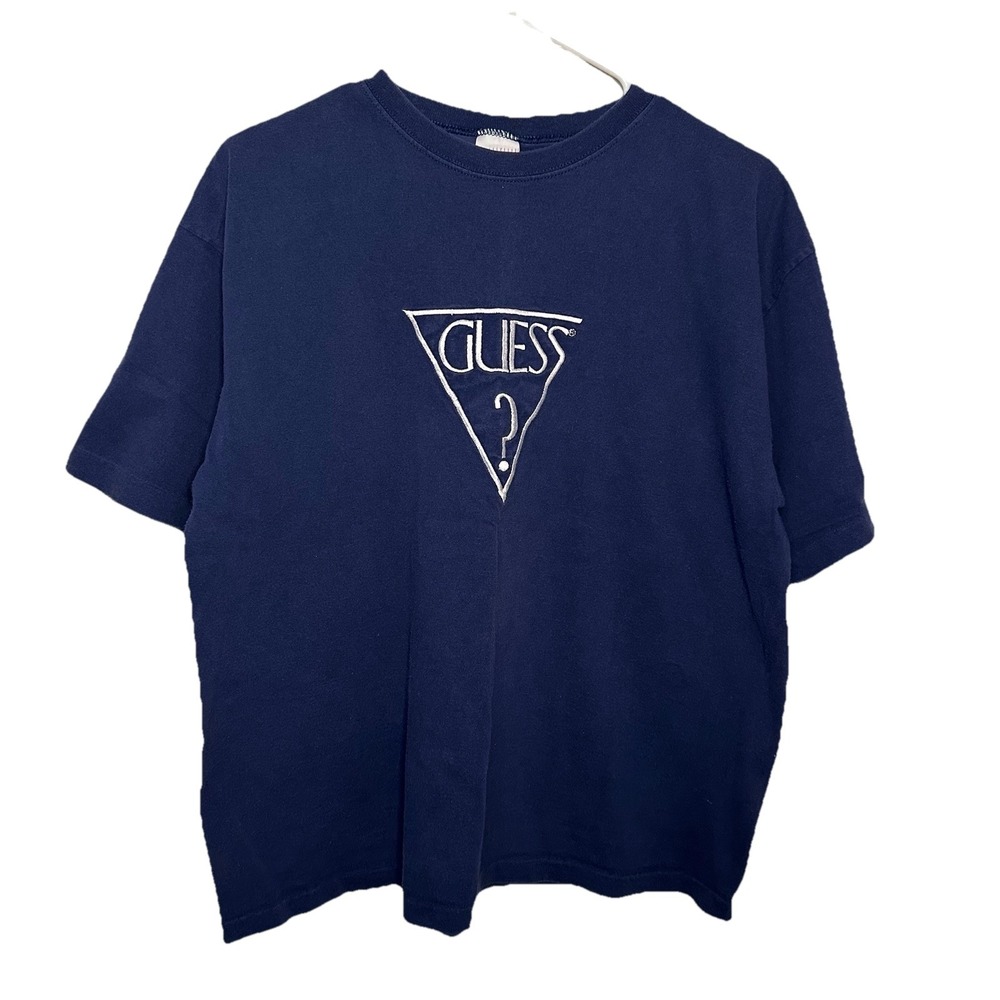 Vintage Single Stitch Guess Navy T-Shirt Embroidered Logo USA Made OS